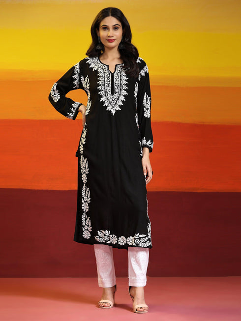 Fizaa Chikankari Long Kurta in Rayon Cotton for Women- Black